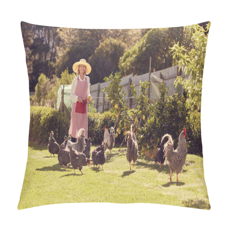 Personality  senior woman in backyard with chickens pillow covers