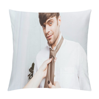 Personality  Partial View Of Woman Tying Neck Tie To Boyfriend In White Shirt At Home Pillow Covers