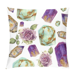 Personality  Watercolor Gem Stones And Rose Flower Pattern. Jade Turquoise, Amethyst And Rauchtopaz Stones, Vintage Roses With Leaves Seamless Ornament Isolated On White Background. For Design, Print Pillow Covers