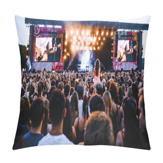 Personality  Music Festival Outside, Mass World Event, Many Spectators Near The Stage Listen To The Musician's Performance. Bright Colors, Summer Festival, Dance Party, Real Emotions Pillow Covers