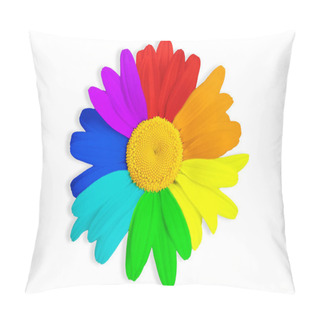 Personality  Close-up Of A Large Rainbow Colored Chamomile Flower Head Isolated On White Background. Pillow Covers
