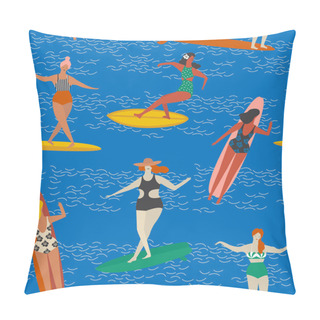 Personality Art Deco Beach Surfing Poster In Vector Pillow Covers