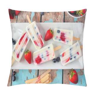 Personality  Healthy Strawberry Blueberry Yogurt Ice Pops On A Serving Plate, Above View Table Scene Against A Blue Wood Background Pillow Covers