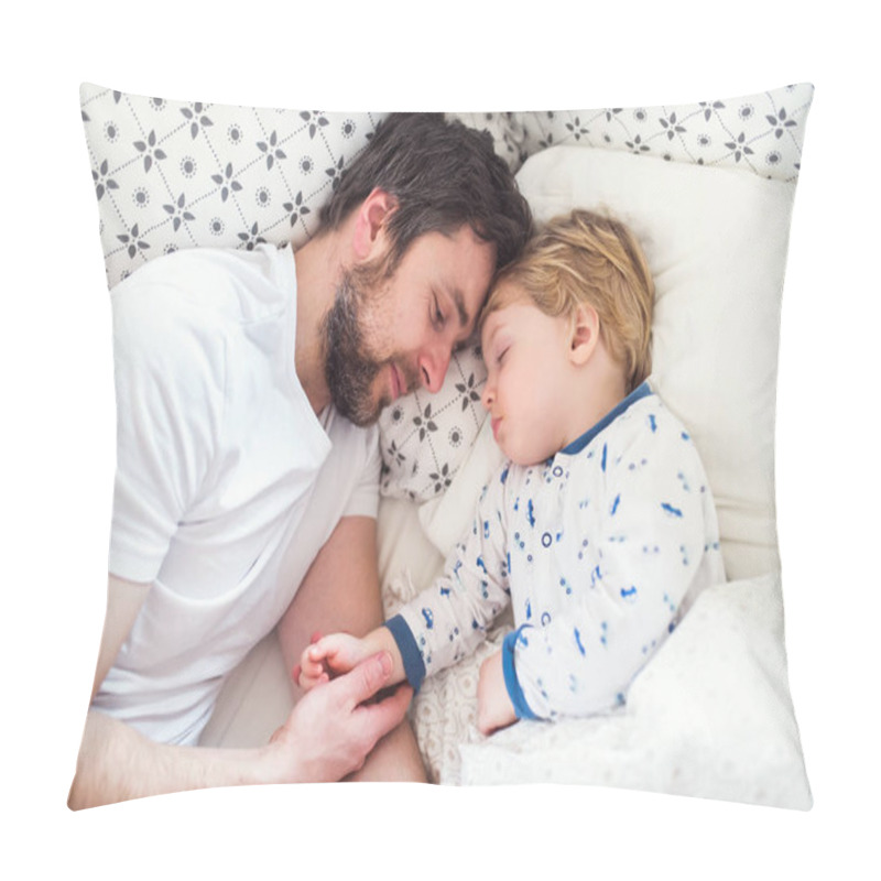 Personality  Father Holding Hand Of A Sleeping Toddler Boy In Bed At Home. Pillow Covers
