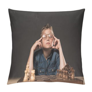 Personality  Thoughtful Little Boy With Closed Eyes In Eyeglasses Holding Fingers On Temples At Table With Chess Board On Grey Background  Pillow Covers