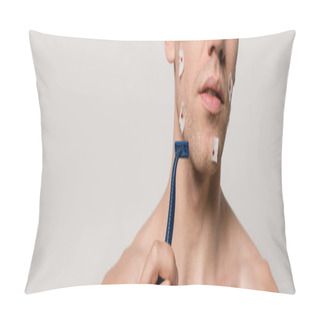 Personality  Cropped View Of Sexy Man With Muscular Torso And Bloody Wounds After Shaving Holding Shaver Isolated On Grey, Panoramic Shot Pillow Covers
