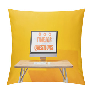 Personality  Computer With Keyboard And Mouse At Wooden Table With Time For Questions Lettering On Screen  Pillow Covers
