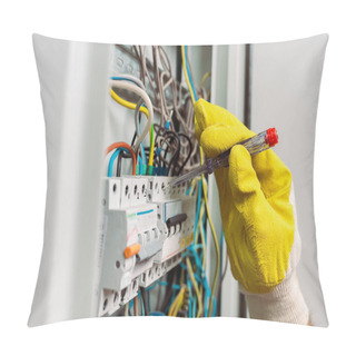 Personality  Selective Focus Of Electrician Using Screwdriver While Fixing Electric Panel Pillow Covers