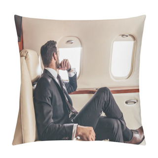 Personality  Back View Of Businessman In Suit Looking Through Window In Private Plane  Pillow Covers