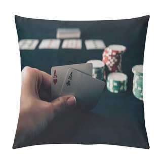 Personality  Woman Holding Playing Cards By Casino Table Pillow Covers