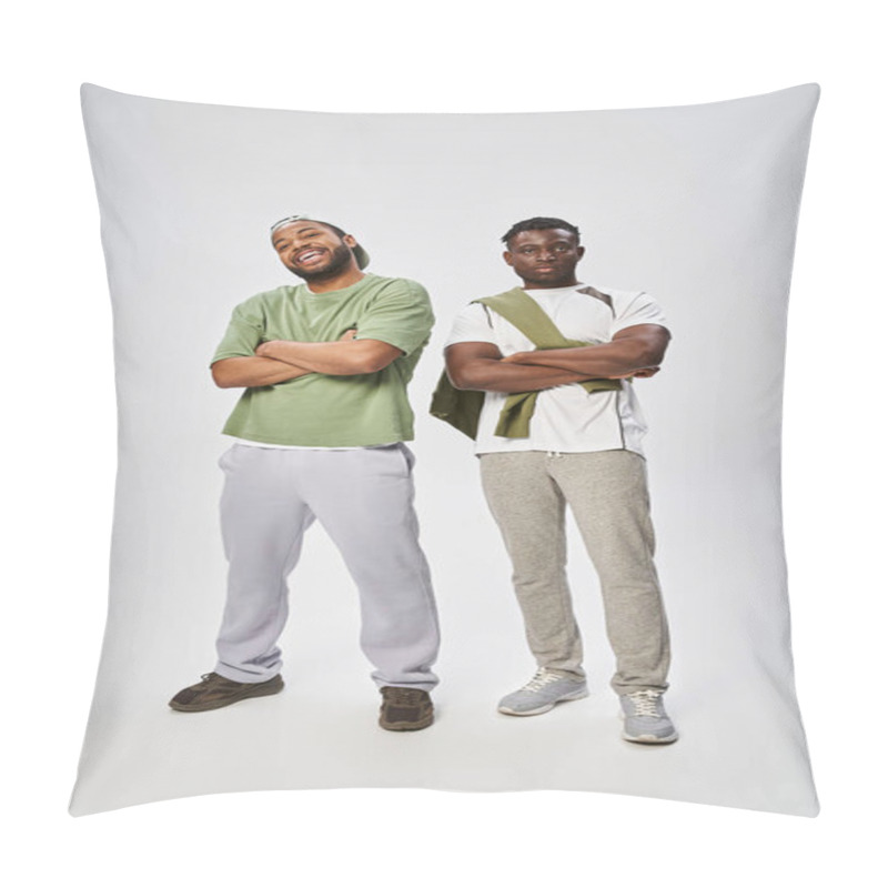 Personality  Juneteenth Concept, Two African American Friends Standing With Folded Arms On Grey Background Pillow Covers