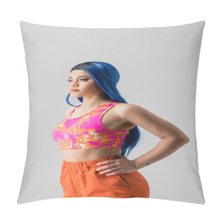 Personality  Fashion Forward, Tattooed Young Woman With Blue Hair Posing With Hands On Hips In Colorful Clothes On Grey Background, Individualism, Modern Style, Urban Fashion, Vibrant Color, Female Model  Pillow Covers