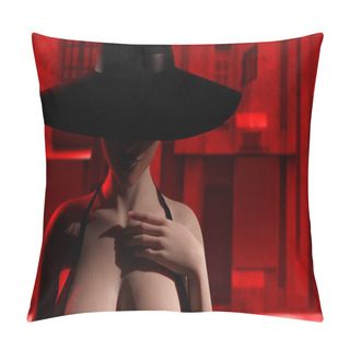 Personality  3d Render Illustration Of Sexy Mysterious Noir Lady Portrait In Black Dress And Hat Standing On Red Toned City Street. Pillow Covers