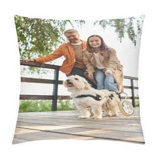 Personality  An Adult Loving Couple In Wheelchairs Taking A Walk In The Park With Their Dog. Pillow Covers