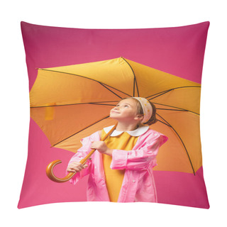 Personality  Pleased Girl In Raincoat Standing Under Yellow Umbrella Isolated On Crimson Pillow Covers