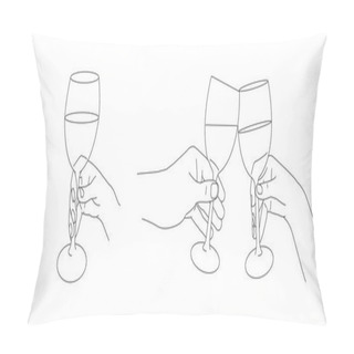 Personality  Hands Holding Glasses Of Wine And Champagne. Cheers Gesture With Wine, Ink Line Sketch Collection Isolated On White Background. Hand Drawn Vector Illustration Pillow Covers