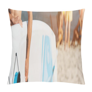 Personality  Partial View Of Mixed Race Man Holding Surfing Board, Panoramic Shot Pillow Covers