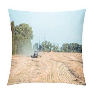 Personality  Selective Focus Of Modern Tractor On Wheat Field Near Green Trees  Pillow Covers