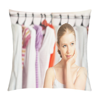 Personality  Woman Chooses Clothes In The Wardrobe Closet At Home Pillow Covers