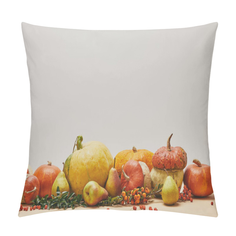 Personality  autumn decoration with pumpkins, firethorn berries and ripe yummy pears on tabletop pillow covers