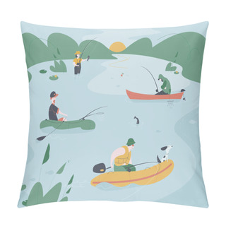 Personality  Several Fishermen On Boat Are Fishing On A Lake Or River. Fish Catching Vector Illustration. Pillow Covers