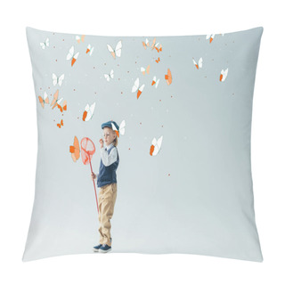 Personality  Cute And Blonde Kid In Retro Vest And Cap Holding Butterfly Net On Grey Background With Fairy Butterflies Pillow Covers