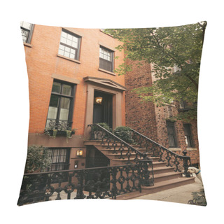 Personality  Brick House With Stairs And Metal Railings Near White Dog On Sidewalk On Street In New York City Pillow Covers