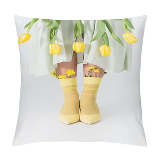 Personality  Partial View Of Woman In Skirt With Yellow Tulips Isolated On White Pillow Covers