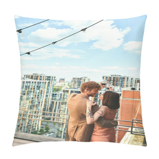 Personality  A Man And A Woman Standing On A Balcony Overlooking The Cityscape, Lost In A Romantic Moment As They Listen To The Music Of The Night Pillow Covers