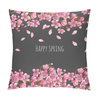 Personality  Watercolor Spring Blooming Cherry Tree Branches Card Template, Greeting Background, Hand Painted On A Dark Background Pillow Covers