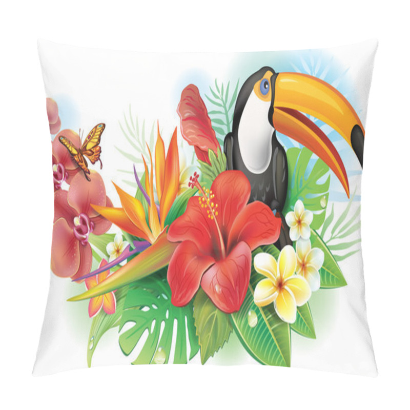 Personality  Red hibiscus, toucan and tropical flowers pillow covers