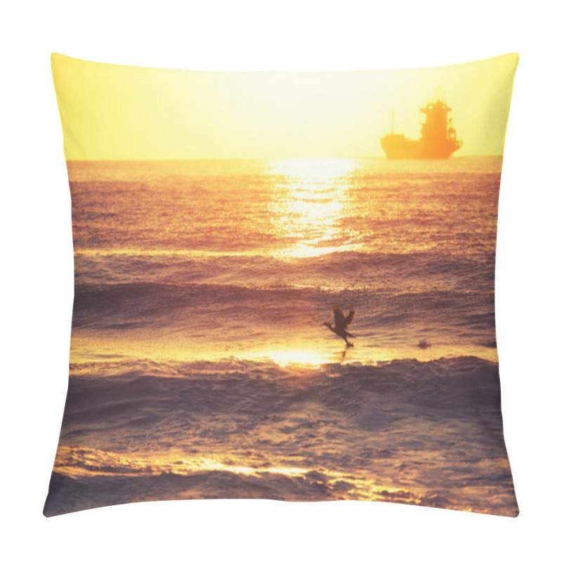 Personality  Beautiful Morning Over The Sea. Flying Bird And Sailing Cargo Sh Pillow Covers