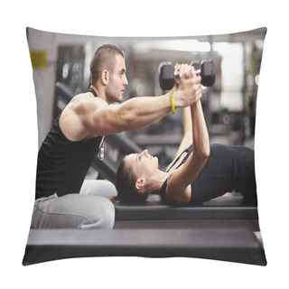 Personality  Personal Trainer Helping Woman At Gym Pillow Covers