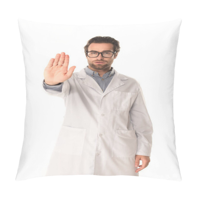 Personality  Young doctor showing stop gesture isolated on white  pillow covers