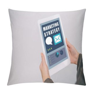 Personality  Cropped View On Businesswoman Using Digital Tablet With Marketing Strategy Isolated On Grey Pillow Covers
