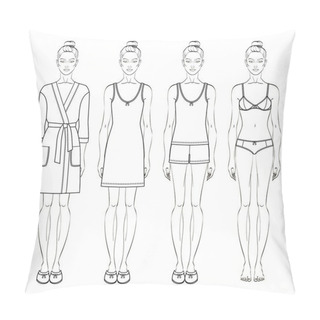Personality  Set Of Women S Homewear, Sleepwear And Underwear. Bathrobe, Nightgown, Pyjamas And Lingerie On Female Figure. Vector Illustration. Pillow Covers