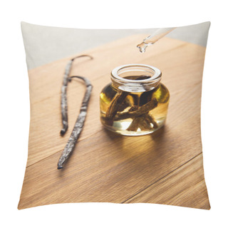 Personality  Glass Bottle Of Essential Oil With Vanilla Pods On Wooden Cutting Board Pillow Covers