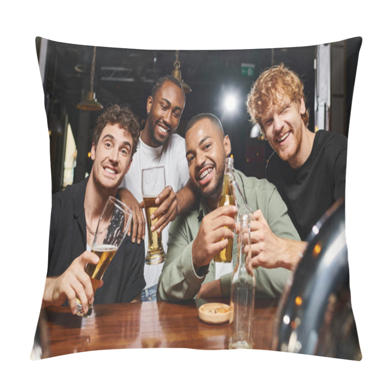 Personality  four happy multicultural men looking at camera while holding glasses with beer in bar, male friends pillow covers
