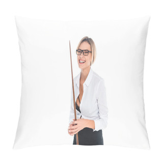 Personality  Blonde Teacher In Blouse With Open Neckline Smiling And Holding Pointer Isolated On White Pillow Covers