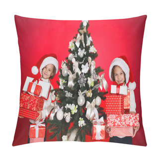 Personality  Portrait Of Santa Hat Christmas Girls Holding Christmas Gifts Smiling Happy And Excited. Cute Beautiful Santa Children On Red Background. Pillow Covers