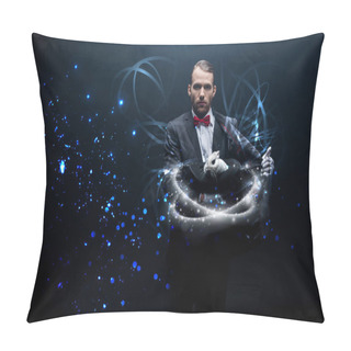 Personality  Young Magician Holding White Rabbit In Hat, Dark Room With Smoke And Glowing Illustration Pillow Covers