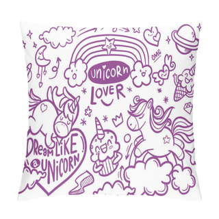 Personality  Cute Unicorn And Pony Collection With Magic Items, Rainbow, Fairy Wings, Crystals, Clouds, Potion. For The Design Of Coloring Books,. Vector Doodles Illustrations. Pillow Covers