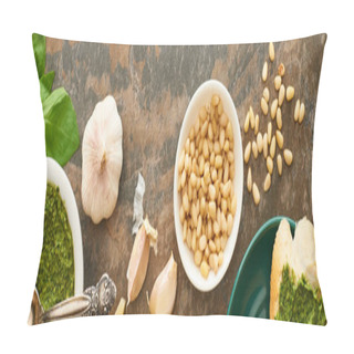 Personality  Top View Of Baguette Slice With Pesto Sauce On Plate Near Fresh Ingredients On Stone Surface, Panoramic Shot Pillow Covers
