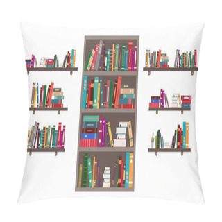 Personality  Book On Shelf. Bookshelf With Books In Library. Bookcase With Literature In School For Education. Bookstore Or Office With Bookshelves. University Library. Cabinet Of Academy For Reading. Vector. Pillow Covers