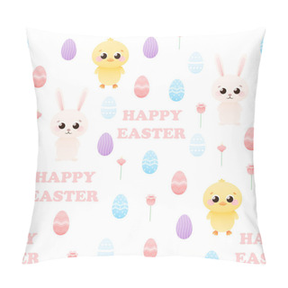 Personality  Cute Childish Seamless Pattern With Animal Characters - Bunny And Chick, Painted Eggs Around And Baskets, Easter Holiday Theme For Wrapping Paper Or Textile In Cartoon Style On White Background Pillow Covers