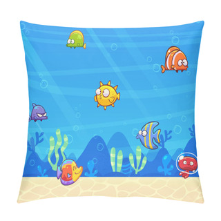 Personality  Family Of Marine Animals In The Sea. Underwater Scene. Funny Cartoon And Vector Illustration Pillow Covers