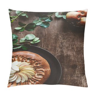 Personality  Top View Of Homemade Apple Pie And Fresh Apples With Green Leaves On Wooden Tabletop Pillow Covers