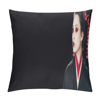 Personality  Beautiful Geisha In Black And Red Kimono And Flowers In Hair Looking Away Isolated On Black, Panoramic Shot Pillow Covers