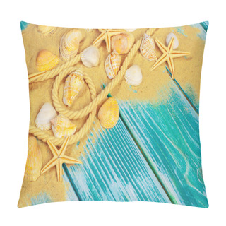 Personality  Sea Sand And Sea Shells On Blue Wooden Floor Pillow Covers