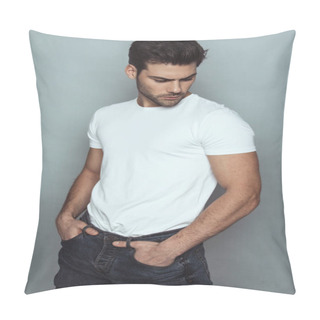 Personality  Muscle Strong Beautiful Stripped Male Model In Denim Jeans With White T-shirt On Grey Isolated Font Background Pillow Covers